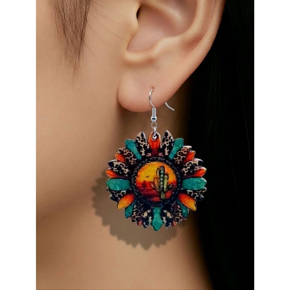 Southwestern Sunflower Cactus Earrings Wooden Dangle Western Desert Cowgirl Chic